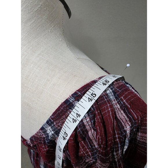 Plaid Smocked Red & Blue Midi Square Neck Dress With Puff Short Sleeves AE - Picture 6 of 6